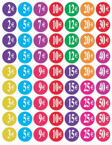 Affichesstore 30252 – Set mit 315 Aufklebern – 5 Blatt mit 63 selbstklebenden Etiketten, rund, 25 mm – verschiedene Preise von 2 € bis 50 € Affichesstore 30252 – Set mit 315 Aufklebern – 5 Blatt mit 63 selbstklebenden Etiketten, rund, 25 mm – verschiedene Preise von 2 € bis 50 € von Affichesstore
