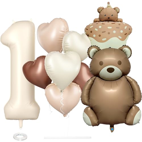 Affivia XXL Bär Luftballon 1. Geburtstag Junge Mädchen, 9 Stk Bären Ballons Geburtstagsdeko 1 Jahr,Herz Ballon Deko 1 Geburtstag,Luftballons Bären Erster Geburtstage,Geburtstagsdeko Bär 1 Folienballon von Affivia