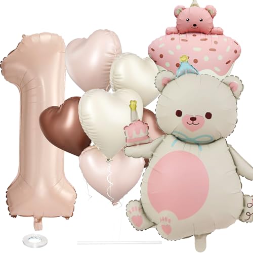 Affivia Bär Luftballon 1. Geburtstag Mädchen Deko, 9 Stück Bären Ballons Geburtstagsdeko 1 Jahr, Herz Ballon Deko 1 Geburtstag, Luftballons Bären Erster Geburtstage, Geburtstagsdeko Bär 1 Folienballon von Affivia