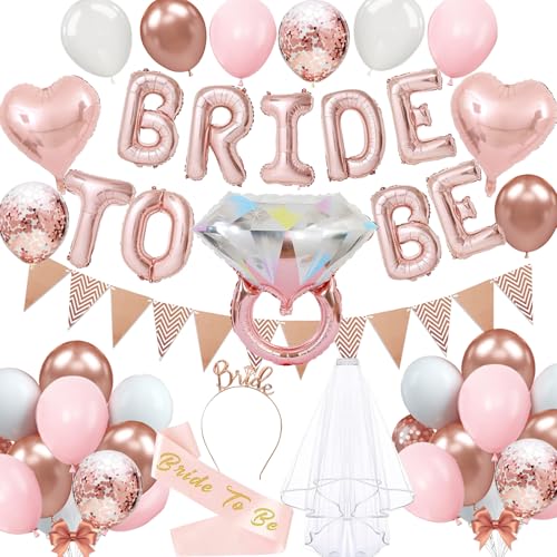 Affivia Bride to Be Deko Ballon Jga Accessoires Frauen Set, Jga Deko mit Bride to Be Luftballons+Schleier+Braut Schärpe+Stirnband,Rosa Weiß Junggesellenabschied Ballons für Bachelorette,Hochzeit Party von Affivia