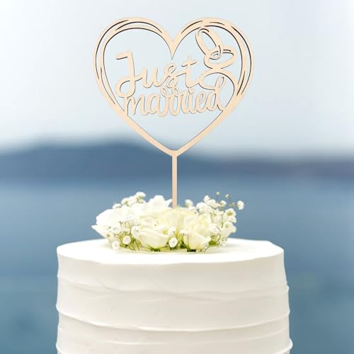 Affivia Just Married Deko Cake Topper Hochzeit Holz,Ringe Tortendeko Hochzeit,Hochzeitstorte Deko Torte,Tortenstecker Hochzeits, Tortentopper Hochzeitstorte,Hochzeitsdeko Kuchen für Verlobung, Antrag von Affivia