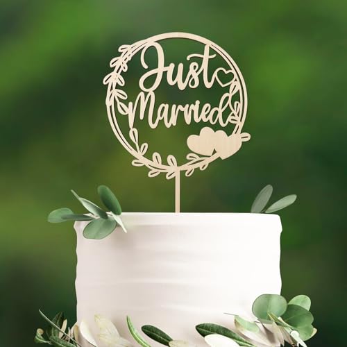 Affivia Just Married Deko Cake Topper Hochzeit Holz, Herz Tortendeko Hochzeit,Hochzeitstorte Deko Torte,Tortenstecker Hochzeits, Tortentopper Hochzeitstorte,Hochzeitsdeko Kuchen für Verlobung, Antrag von Affivia