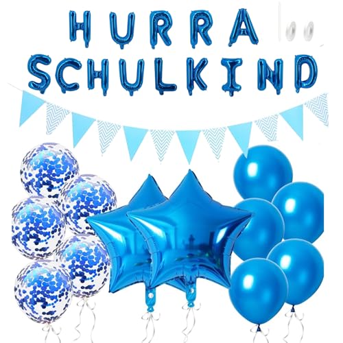 Affivia Einschulung Deko Ballon-Set (Blau, Hurra Schulkind Luftballons Set) von Affivia