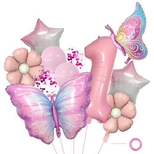 Affivia Schmetterling Luftballon Set für 1. Geburtstag, Rosa Blumen und Schmetterlinge Folienballons, Partydekoration mit Konfetti-Ballons von Affivia