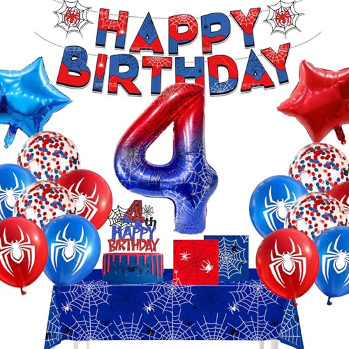 Affivia Spider 4 Geburtstag Deko Set (4 Geburtstag Banner+Luftballons+Torten+Servietten+Tischdecke) von Affivia