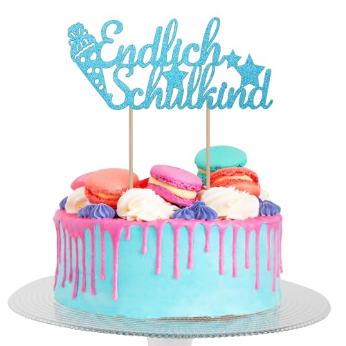 Affivia Glitzer Tortendeko Einschulung Blau, Torte Deko Einschulung Junge 2025, Zuckertüte Endlich Schulkind Tortendeko, Kuchendeko Schulanfang Deko Jungen,Cake Kuchen Topper Schuleinführung Bastelset von Affivia