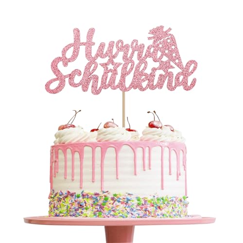 Affivia Original Glitzer Tortendeko Einschulung Rosa, Torte Deko Einschulung Mädchen 2025, Zuckertüte Hurra Schulkind Tortendeko, Kuchendeko Schulanfang Deko, Cake Kuchen Topper Schulstart Bastelset von Affivia