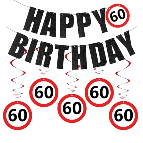 Affivia Verkehrsschild Deko 60. Geburtstag Mann Frau, 60 Geburtstag Deko, Happy Birthday 60 Girlande, Luftschlangen 60 Geburtstage Frau Mann Partydeko,Geburtstagsdeko 60 Banner&Spiralen 60er Hängedeko von Affivia