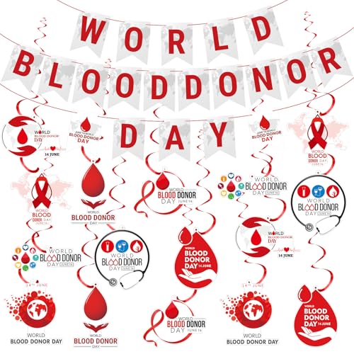 Affrolling 35 Stück World Blood Donor Banner Dekorationen Blutspender Rot Bluttropfen Feier Dekor Hängende Wirbel Wanddekoration Urlaub Feiern Veranstaltungen für Festival Party Supplies von Affrolling