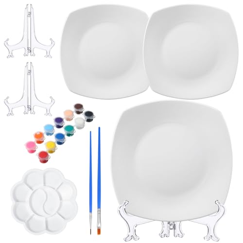 Affrolling Bemalen Sie Ihre eigenen Porzellanteller, Keramik-Malset mit 2 Porzellantellern, 2 Pinseln, 12 Farben, 2 Ständer, Farbe und 1 Farbpalette, Keramik-Set für Erwachsene (quadratisch) von Affrolling