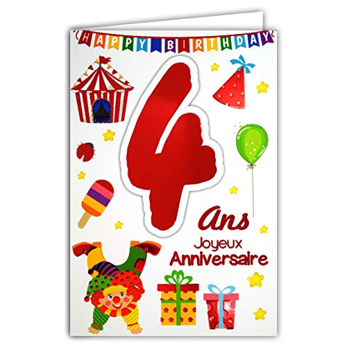 69-2004 Glückwunschkarte zum Geburtstag 4 Jahre Kinder Jungen Mädchen – Clown Geschenk Vogel Kuchen Cupcake Malerei Pinsel Regenbogen von Afie