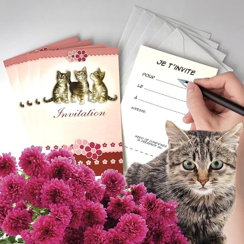 AFIE 5 Einladungskarten Katze Kätzchen Tier mit 5 weißen Umschlägen 9 x 14 cm I Lade Dich zur (Datum) Adresse ein, Party, Snack, Geburtstag, rosa Blumen für Mädchen IV5021 von Afie