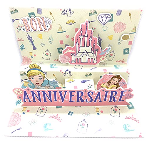 Afie 200474 Klappkarte "Happy Birthday", 3D, Disney-Prinzessinnen, Schloss Die Schöne und das Biest, Cinderella, Rapunzel, Chamäleon, Pascal – mit rosa Umschlag 12 x 17,5 cm – kleines Wort zum Beschriften auf der Rückseite von Afie