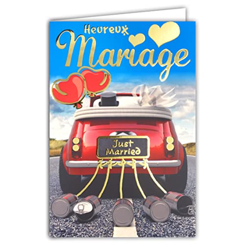 Glückwunschkarte Hochzeit mit Goldvergoldung Just Married Auto rot Cabrio Vive Braut Luftballons Herzen Gute Straße, Hochzeitsreise, hergestellt in Frankreich von Afie