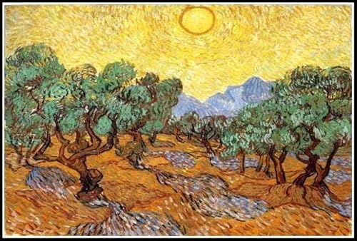 Olivenbäume mit gelbem Himmel und Sonne 1889 Gemälde von Vincent Van Gogh DIY Ölgemälde Malen nach Zahlen Kits Malen für Erwachsene und Kinder Kunsthandwerk für Zuhause Wanddekoration 40 x 50 cm von Afouptao