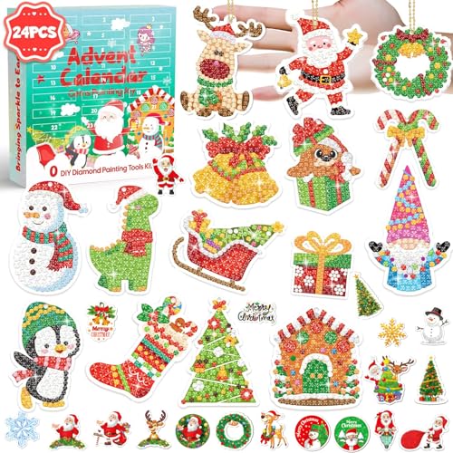 Adventskalender Diamond Painting Kits - 2024 Adventskalender für Kinder, 24 Tage Weihnachts-Countdown-Kalender, Kunst und Handwerk für Mädchen, DIY-Edelstein-Schlüsselanhänger (Grün) von Afoxon