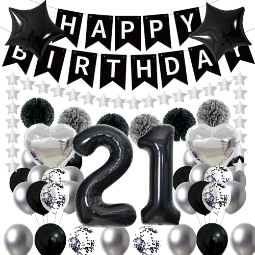 Afritee 21 Geburtstag Deko-Schwarz Silber Geburtstagsdeko 21 Jahre Männer-Schwarz Silber Luftballons Happy Birthday Banner mit Pompoms Cremeweiß Nr. 21 für 21 Geburtstag Deko Junge von Afritee