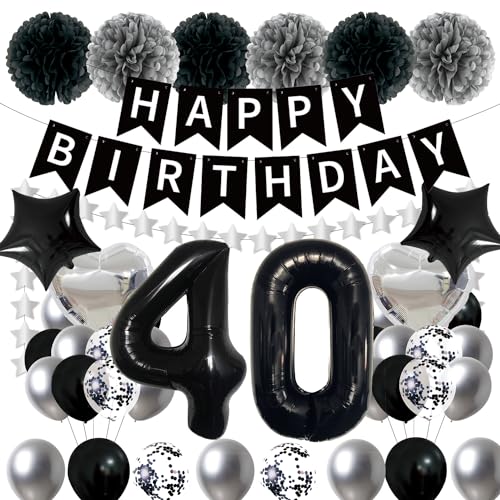 Afritee 40 Geburtstag Ballon Dekorationen - Schwarz und Silber Happy Birthday Luftballons für Männer Frauen Happy 40th Birthday Banner Groß 101.6 cm 40 Folienballons Cool 40th Birthday Ballons Set von Afritee