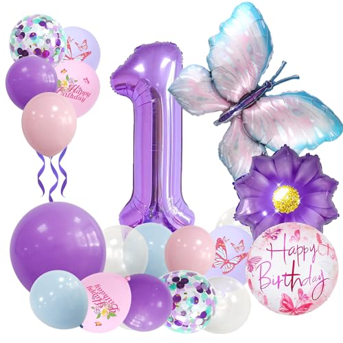 Afritee Deko 1. Geburtstag Mädchen - 25 Stück 1. Geburtstag Schmetterling Ballons Deko Lila 1. Geburtstag Dekoration Mädchen Riesige Luftballon 1. Geburtstag Mädchen Schmetterling Themen Party von Afritee