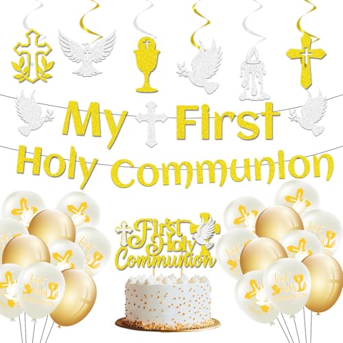 Afritee Erstkommunion Dekoration - Glitzer Banner Girlande Gold Kuchen Topper Wirbel Luftballons Kommunion Party Dekoration Afritee Erstkommunion Dekoration - Glitzer Banner Girlande Gold Kuchen Topper Wirbel Luftballons Kommunion Party Dekoration von Afritee