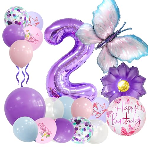 Afritee Geburtstagsdeko 2 Jahre Mädchen - 25 Stück 2. Geburtstag Mädchen Schmetterlinge Folienballon Deko Schmetterling 2. Deko Geburtstag Lila Luftballon Schmetterling Deko 2. Geburtstag Mädchen von Afritee