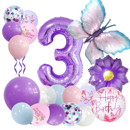 Afritee Geburtstagsdeko 3 Jahre Mädchen - 25 Stück Mädchen 3 Jahre Schmetterling Deko Geburtstag 3. Mädchen Geburtstag Schmetterling Folienballon Lila Schmetterling Ballon 3. Geburtstag Mädchen von Afritee