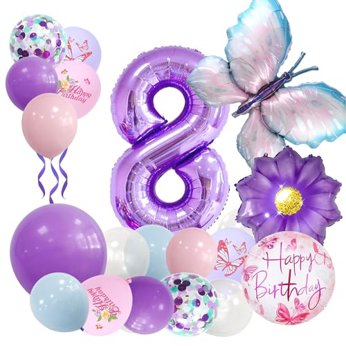 Afritee Geburtstagsdeko Mädchen 8 Jahre - 25 Stück Mädchen 8 Jahre Schmetterling Deko Geburtstag Lila Schmetterling Luftballon 8. Geburtstag Mädchen Große Folienballon 8 Schmetterling Themen Party von Afritee