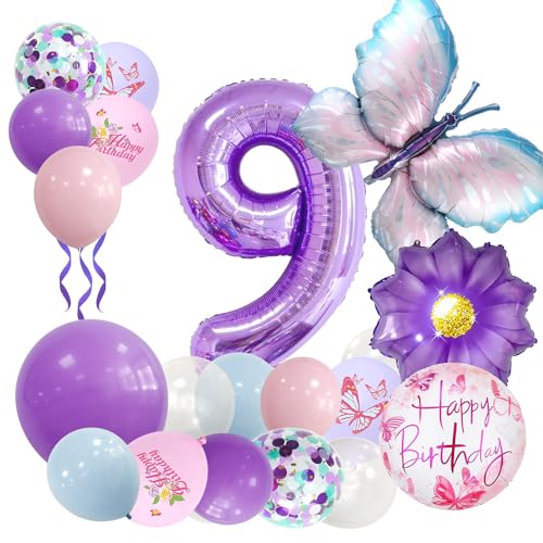 Afritee Geburtstagsdeko Mädchen 9 Jahre - 25 Stück Geburtstagsdeko 9 Jahre Mädchen Mädchen 9 Jahre Geburtstag Schmetterling Luftballon Große Folienballon Schmetterling 9. Geburtstagsdeko Mädchen von Afritee