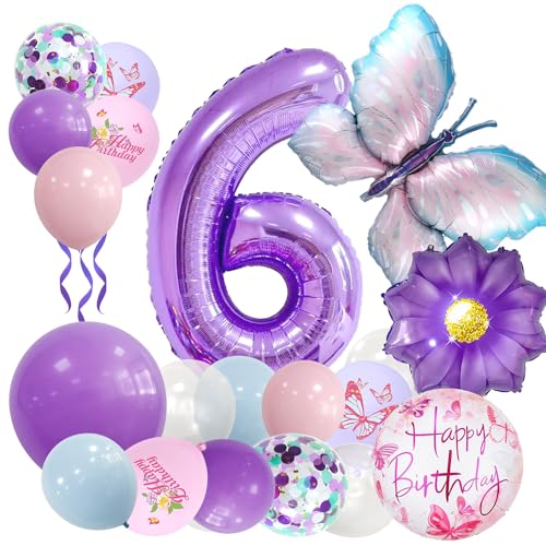 Afritee Schmetterling Ballon 6. Geburtstag MäDchen-Lila Geburtstagsdeko 6 Jahre Junge Luftballon 6. Geburtstag Geburtstagsdeko 6 Jahre MäDchen Schmetterling Sonnenblume Happy Birthday Ballons von Afritee