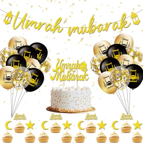 Afritee Umrah Mubarak Decoeation Banner – 32 Stück Gold Schwarz Umrah Mubarak Dekorationen mit Tortenaufsatz, Banner, Luftballons, Cupcake-Topper für Umrah, Mubarak, Ramadan, muslimische Afritee Umrah Mubarak Decoeation Banner – 32 Stück Gold Schwarz Umrah Mubarak Dekorationen mit Tortenaufsatz, Banner, Luftballons, Cupcake-Topper für Umrah, Mubarak, Ramadan, muslimische von Afritee