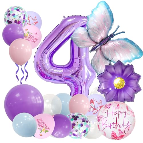 Afritee Schmetterling Ballon 4. Geburtstag MäDchen-Lila Geburtstagsdeko 4 Jahre Junge Luftballon 4. Geburtstag Geburtstagsdeko 4 Jahre MäDchen Schmetterling Sonnenblume Happy Birthday Ballons von Afritee