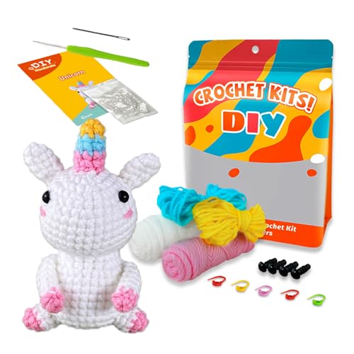 Afufu Häkelset für Anfänger, DIY Crochet Set Nähset für Kinder Erwachsene Geburtstage Geschenk, Einhorn Tiere Häkeln Kreativ Strickset für Anfänger Kinder ab 8 Jahre mit Häkelnadeln Garn und Video von Afufu