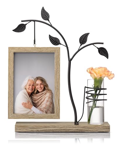 Afuly Bilderrahmen 10x15 Holz Doppelglas Natur Braun Fotorahmen mit Vase und Metall Baum Fotogeschenke Familie Geschenk für Mama Oma von Afuly
