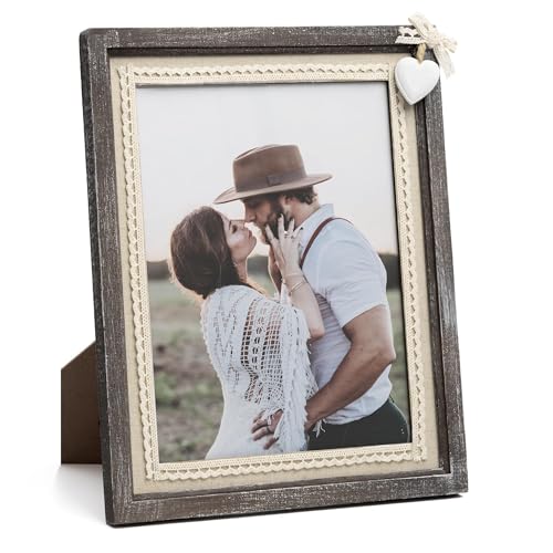 Afuly Bilderrahmen 20x25 Holz Rustikal Braun Vintage Shabby Massivholz Fotorahmen mit Weiß Herz Sackleinen Deko für Wand- oder Tisch Hochzeit Geburtstag Festival Geschenke für Mama Oma von Afuly