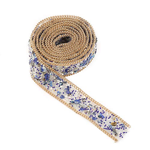 1 m 2 cm Band Rollenrolle Kristall Perlen -Strasskristalle Trimm Bügeleisen auf Patch für Kleiderbeutel Schuhe Hochzeitsfeier Blumenarrangements Dekoration (Blau + weiße Reisperlen + Goldkette) von Agatige