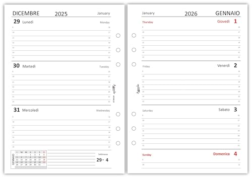 Agendepoint.it - Ersatz Wochenkalender BI-LINGUA 15x21cm A5 6 Löcher - 90 Gramm weiß - 2026 von Agendepoint.it