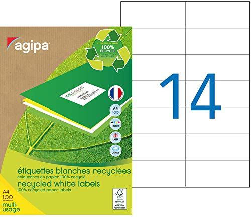 Agipa Etiketten für Inkjet- / Laserdrucker/Kopierer 100% Recyclingpapier 105x42,4 mm 1400 Stück weiß von Agipa