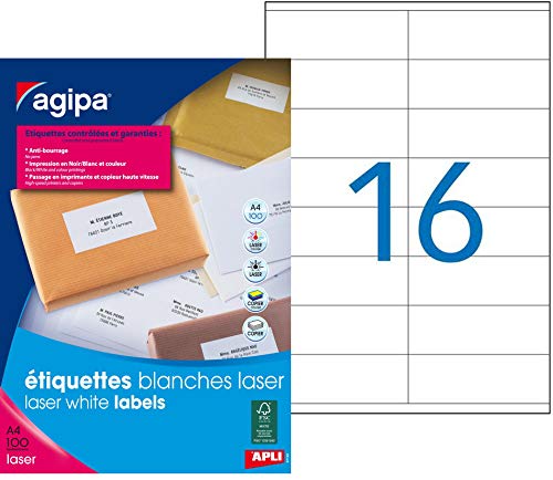 agipa Adress-Etiketten für Laser Drucker 105 x 35 weiß Box von 1600 von Agipa