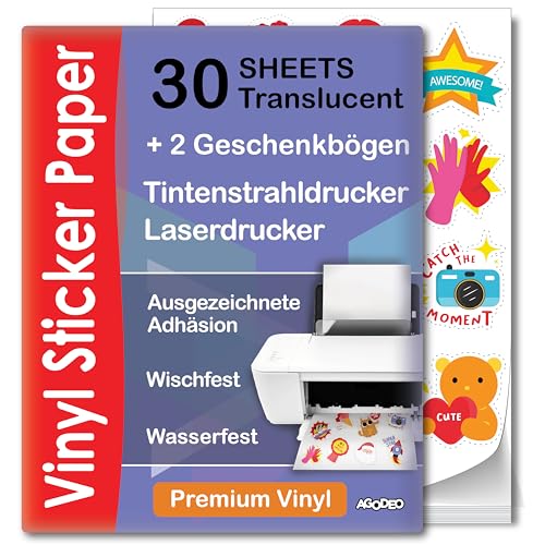 Bedruckbare Klebefolie Semi Transparent - 30 Blätter - A4 - Halb Transparentes Bedruckbares Vinyl Sticker Papier für Laser & Tintenstrahl - Wasserfest Vinylfolie - Kompatibel mit Cricut Bedruckbare Klebefolie Semi Transparent - 30 Blätter - A4 - Halb Transparentes Bedruckbares Vinyl Sticker Papier für Laser & Tintenstrahl - Wasserfest Vinylfolie - Kompatibel mit Cricut von AgoDeo