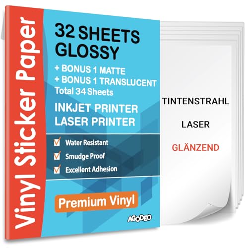 Premium Bedruckbares Vinyl Sticker Papier - 32 Glossy Blätter Sticker Papier A4 Printable Vinyl Sticker Paper - Selbstklebende Folie zum Bedrucken - Wasserabweisend und Reifest Bedruckbare Vinylfolie von AgoDeo