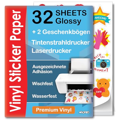 Hochwertiges bedruckbares Vinyl-Aufkleberpapier – 32 Blatt – glänzend, A4 – Wasserfest – Vinyl-Aufkleberpapier für Laser- und Tintenstrahldrucker – Bedruckbares Aufkleberpapier – für Cricut Hochwertiges bedruckbares Vinyl-Aufkleberpapier – 32 Blatt – glänzend, A4 – Wasserfest – Vinyl-Aufkleberpapier für Laser- und Tintenstrahldrucker – Bedruckbares Aufkleberpapier – für Cricut von AgoDeo
