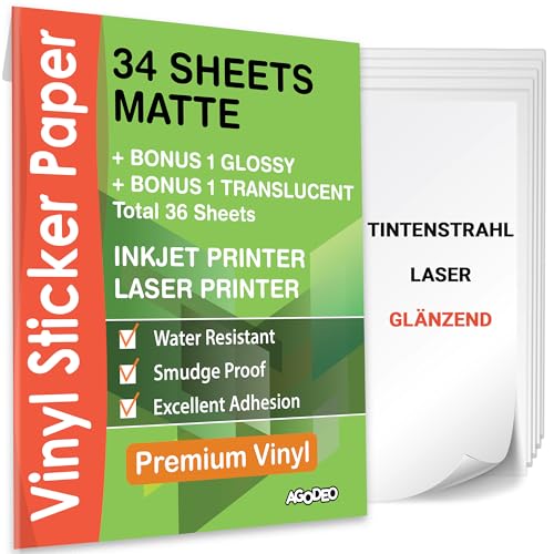 Premium Bedruckbares Vinyl Sticker Papier - 34 Matte Blätter Sticker Papier A4 - Printable Vinyl Sticker Paper - Selbstklebende Folie zum Bedrucken - Wasserabweisend und Reifest Bedruckbare Vinylfolie von AgoDeo