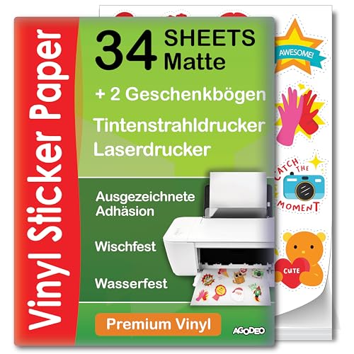 Hochwertiges bedruckbares Vinyl-Aufkleberpapier – 34 Blatt – A4 – matt – Wasserfest – für Laser- und Tintenstrahldrucker geeignetes Vinyl-Aufkleberpapier – kompatibel mit Cricut Hochwertiges bedruckbares Vinyl-Aufkleberpapier – 34 Blatt – A4 – matt – Wasserfest – für Laser- und Tintenstrahldrucker geeignetes Vinyl-Aufkleberpapier – kompatibel mit Cricut von AgoDeo