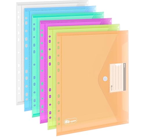 12 Stück Dokumententasche A4, 6 Farben Sichttasche A4 Transparent, Dokumenten Dokumentenmappe Sammelmappen Tasche druckknopf für Organisieren mit 11 Lochrand und Etikettentasche von Agoer