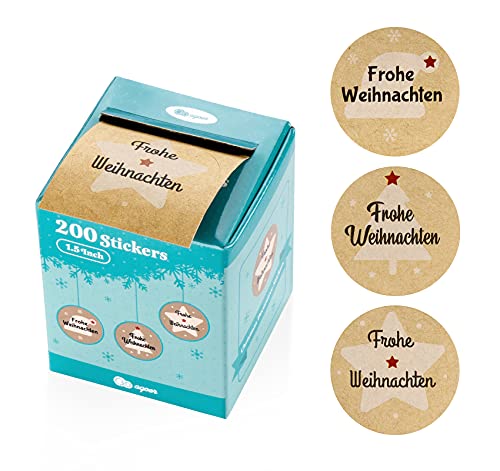 200 Stück Aufkleber Weihnachten Etiketten im Spender - Selbstklebend Weihnachtssticker, Kraft Papier Sticker 40 mm Frohe Weihnachten, Geschenk, Weihnachtspost von Agoer