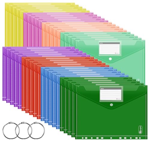 A4 Dokumententasche zum Abheften 40 Stück, [ Breitere Größen ] 8 Farben Dokumentenmappe Brieftaschen A4 Knopf Datei Tasche mit 11 Lochrand und Etikettentasche,Sammelmappen für Büro Schule Zuhause von Agoer