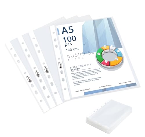 Agoer 100 Blatt Schutzhüllen, 160 Mikron, A5, gelocht, extra stark, für Ordner, Aktenordner, Briefe, Binderhüllen, 11 Löcher, robuste Kunststoff-Seitenschutzfolien für Zuhause, Büro Agoer 100 Blatt Schutzhüllen, 160 Mikron, A5, gelocht, extra stark, für Ordner, Aktenordner, Briefe, Binderhüllen, 11 Löcher, robuste Kunststoff-Seitenschutzfolien für Zuhause, Büro von Agoer
