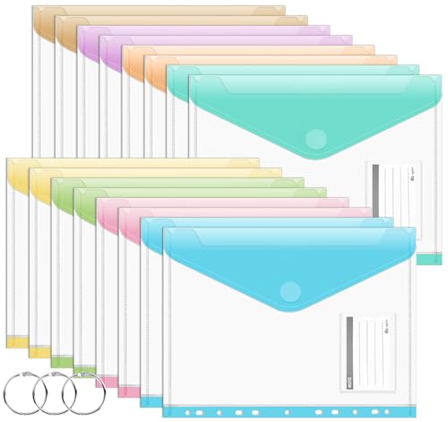 Agoer 16PCS Dokumententaschen Klettverschluss, 8 Farben Dokumentenmappe A4 Abheftbar Transparent Mappen DIN A4 mit 11 Lochrand und Etikettentasche für Dokumente Organizer von Agoer