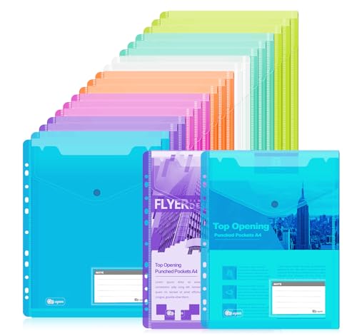 Agoer 20PCS Dokumententaschen A4 Abheftbar, 7 Farben Dokumentenmappe A4 zum Abheften mit Druckknopf, Transparent Dokumentenhüllen mit 11 Lochrand und Etikettentasche für Mappen Ordnersystem von Agoer