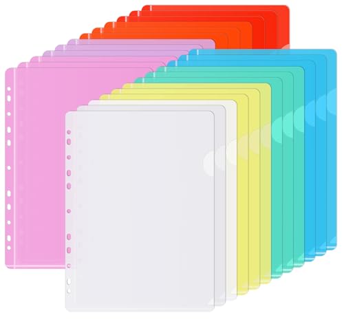 Agoer 24 PCS Aktenhüllen A4 Seitlich Offen, Sichthüllen A4 zum Abheften Bunt mit 11 Lochrand 8 Farben Klarsichthüllen zur Aufbewahrung von Papier für Büro Schule von Agoer